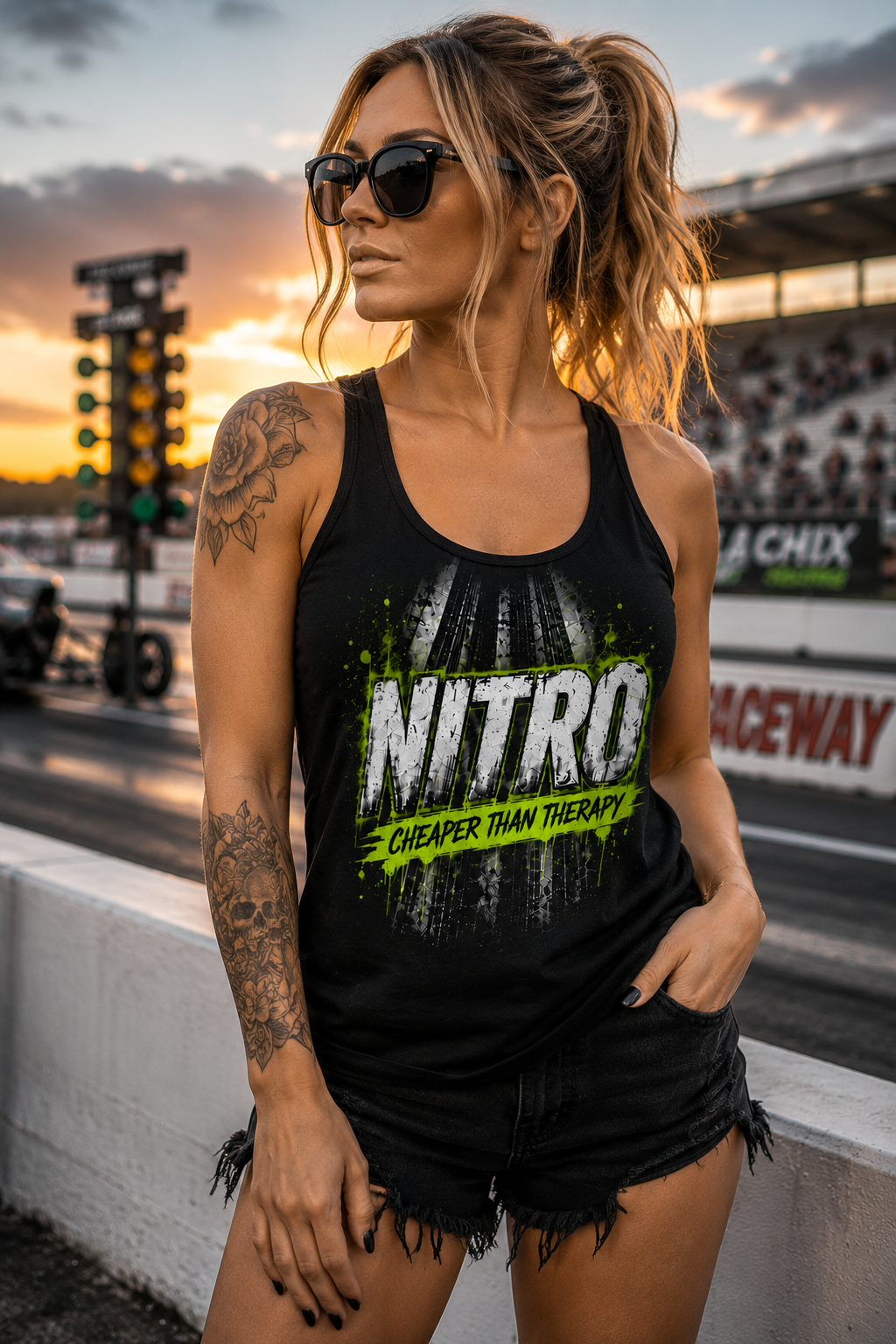 Woman wearing Nitro Cheaper Than Therapy women's racerback tank by Car Chix at the drag strip