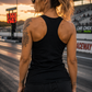 Back of black women's racerback tank by Car Chix with racerback fit