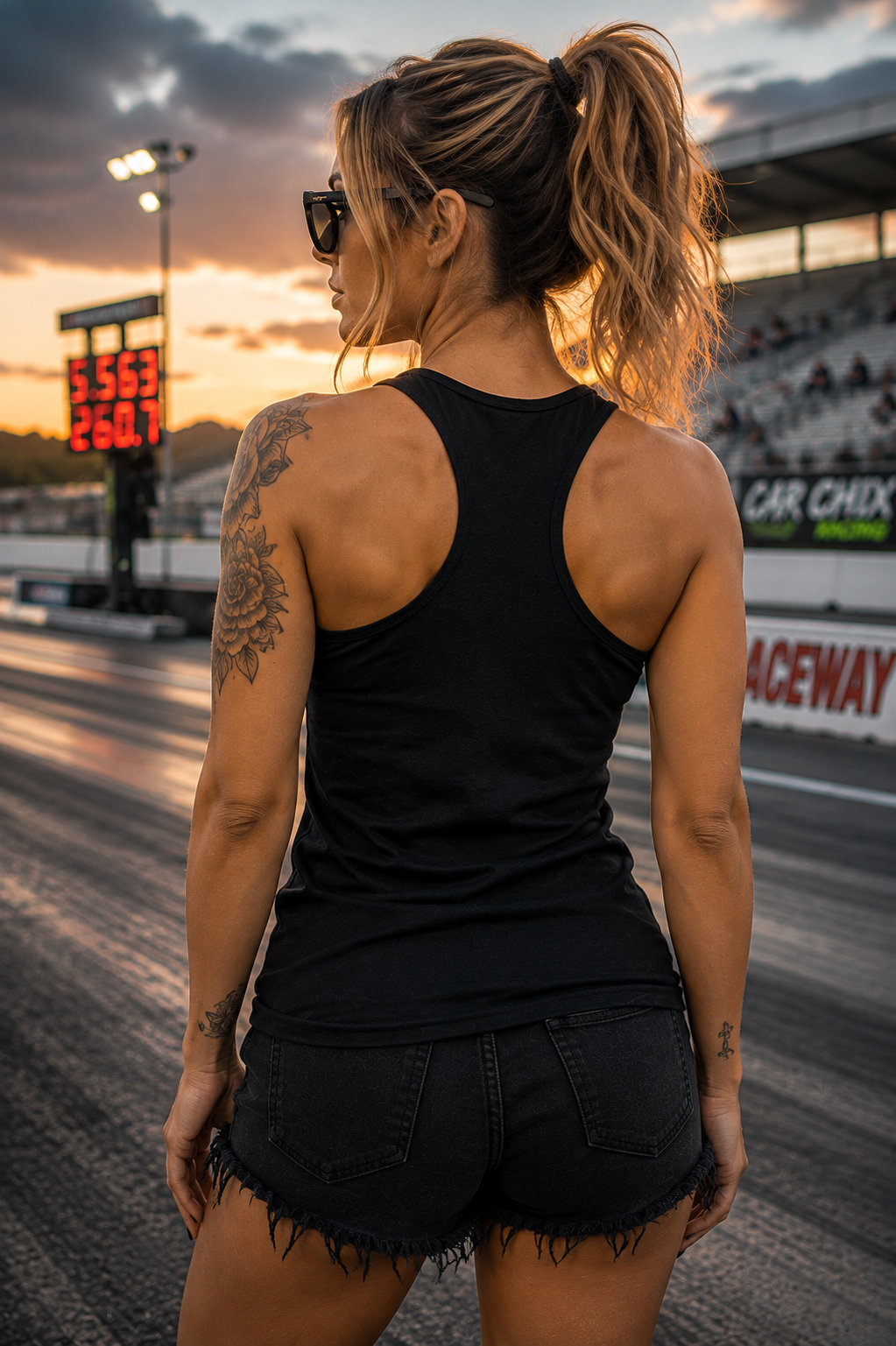 Back of black women's racerback tank by Car Chix with racerback fit
