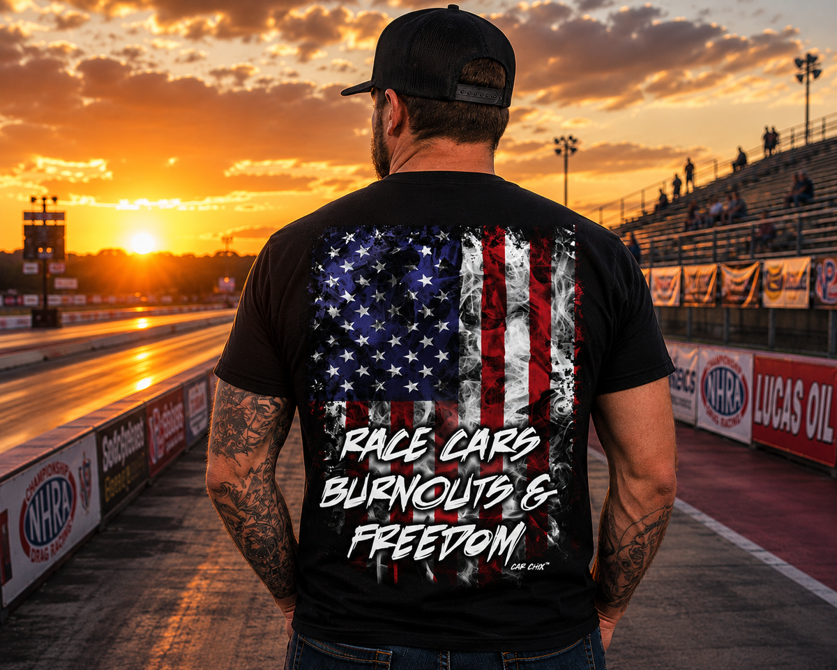 Man wearing black Race Cars Burnouts & Freedom T-shirt at the racetrack by Car Chix