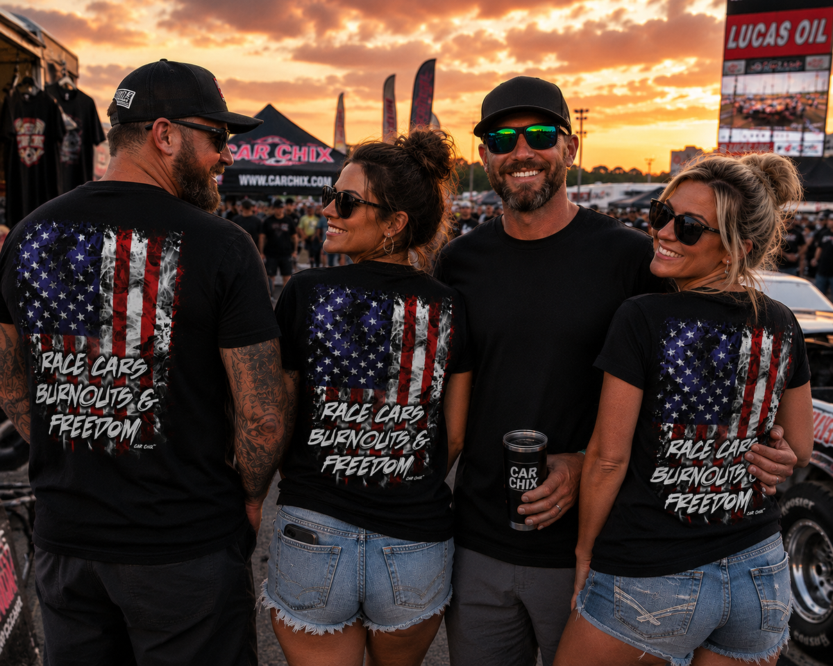 Group wearing Race Cars Burnouts & Freedom shirts at a motorsports event by Car Chix