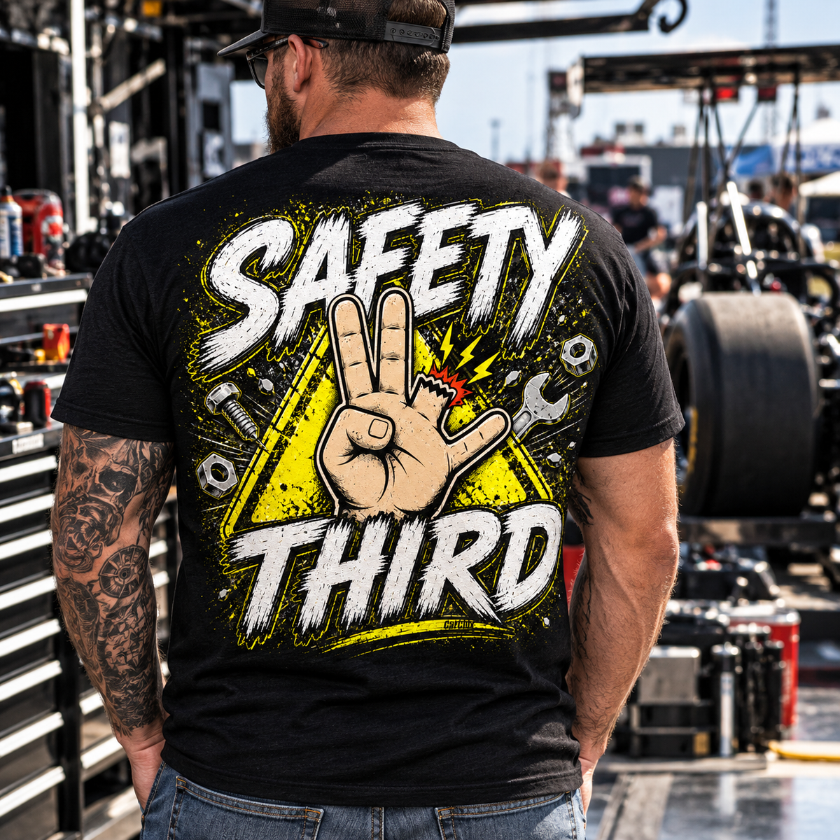 Man wearing black Safety Third T-shirt with neon yellow racing and mechanic design by Car Chix
