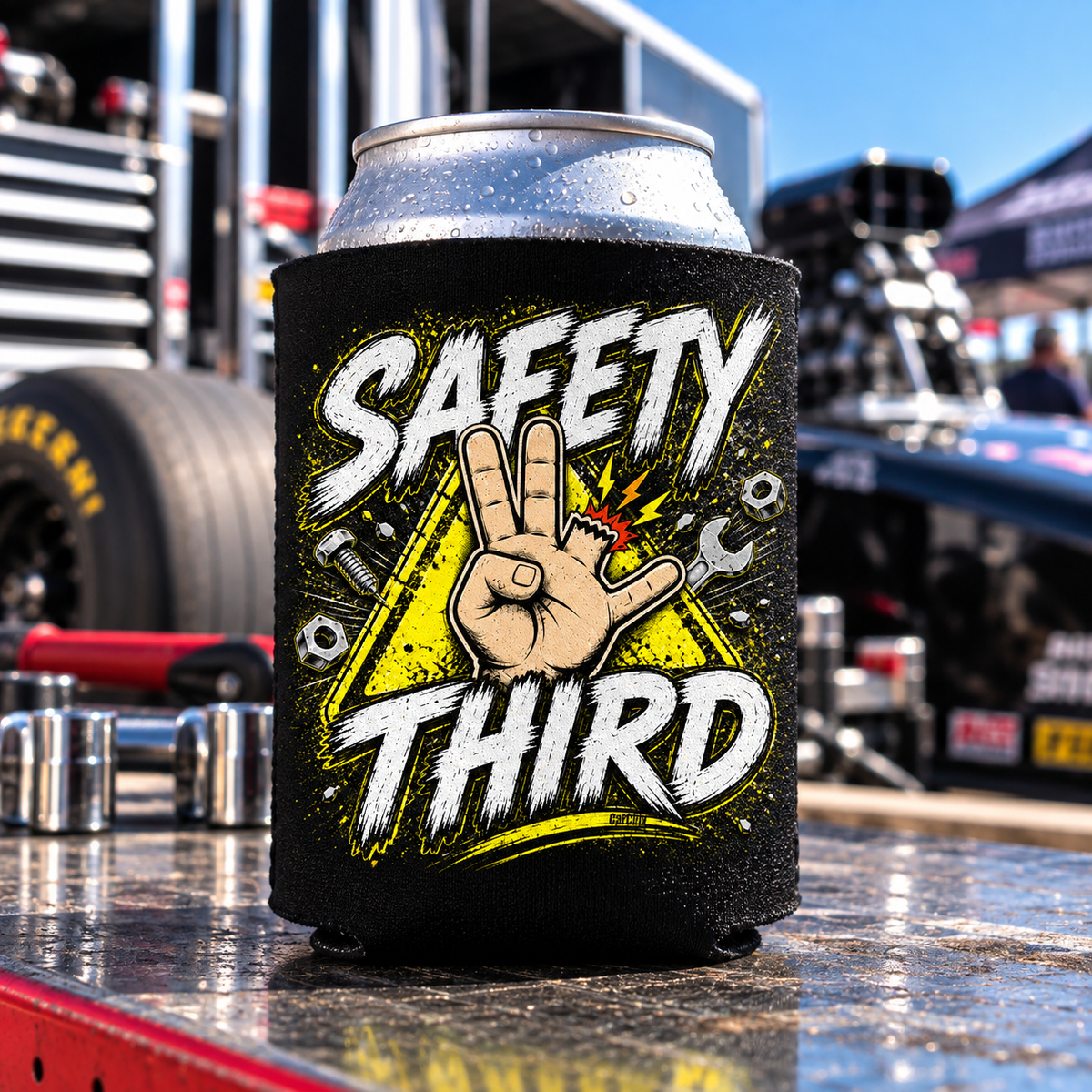 Black Safety Third koozie with funny racing and mechanic design by Car Chix