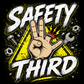 Safety Third funny mechanic and racing T-shirt design in neon yellow and white by Car Chix