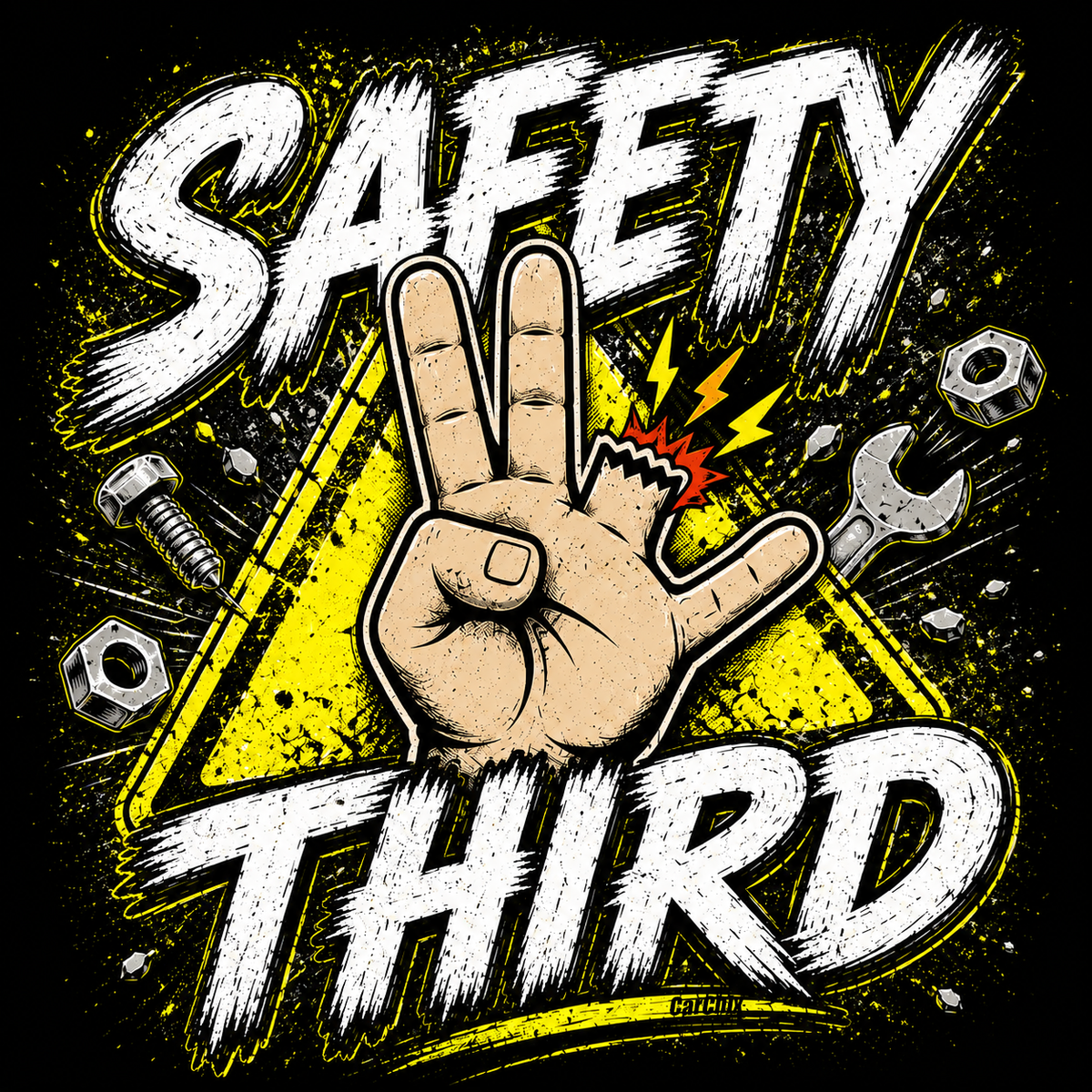 Safety Third funny mechanic and racing T-shirt design in neon yellow and white by Car Chix
