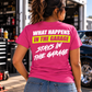Woman wearing a dark pink Car Chix What Happens in the Garage Stays in the Garage T-shirt with neon yellow and white back graphic at a drag racing garage.