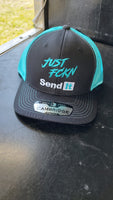 Just FCKN Send It Snapback Hat - Black with Neon Blue Mesh