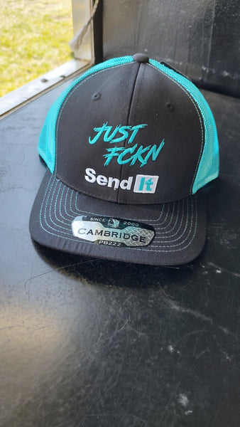 Just FCKN Send It Snapback Hat - Black with Neon Blue Mesh